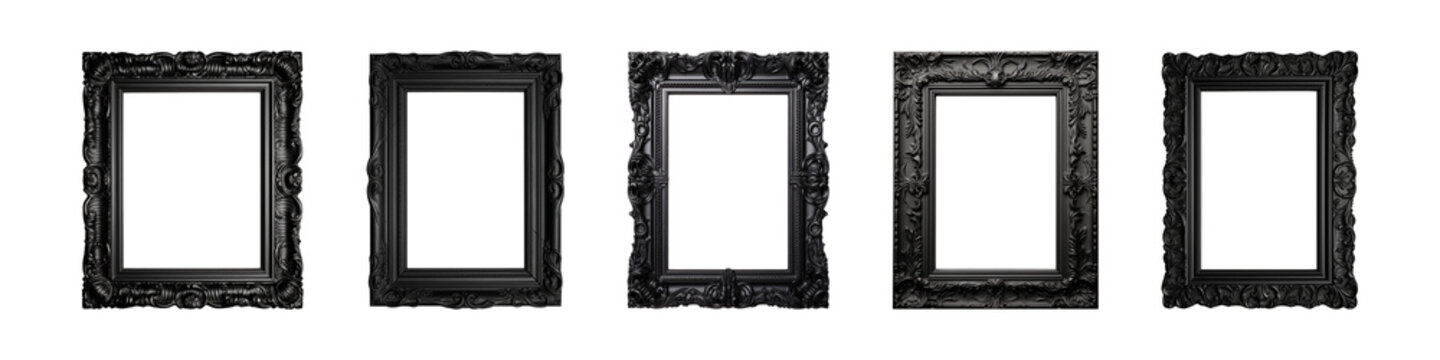 Collection of antique black rectangular frames isolated on a transparent background, PNG