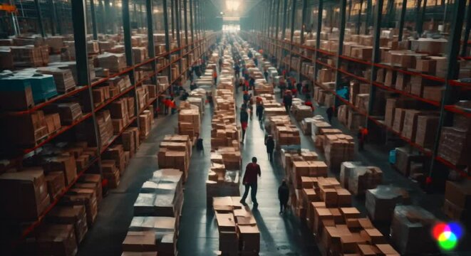 Busy warehouse with workers and rows of goods, logistics and distribution concept