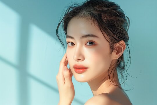 Close up young Asian beauty woman with korean makeup style, perfect clean skin on isolated blue background. Facial treatment, sunlight.