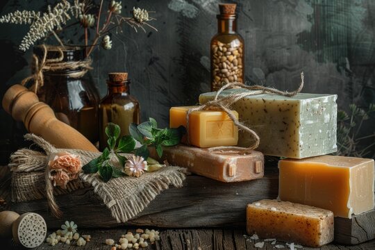 An artistic composition of handmade soaps and scrubs with rustic charm