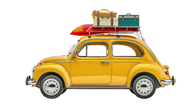 Retro car with luggage and beach equipment on transparent background. Summer vacation concept.