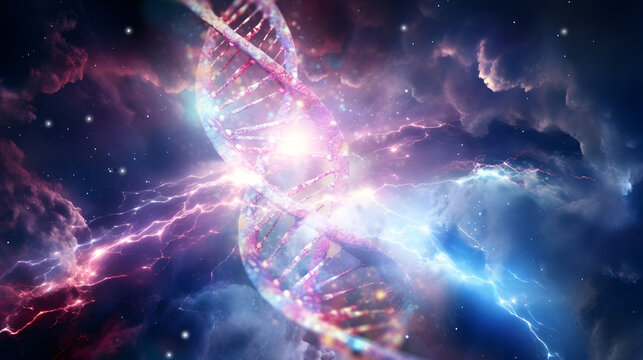Vast deep space celestial background in pink and blue colors with a huge spiralling coil of DNA merged with the cloudscape creating a beautiful cosmic theme
