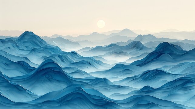 This is an abstract landscape background with a hand drawn line pattern modern in white and blue. Ocean sea art with a natural template. Banner design and wallpaper in a vintage style.