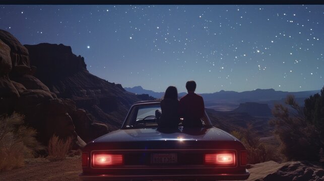 boy and a girl sitting on the hood of their car in watching a starry night sky