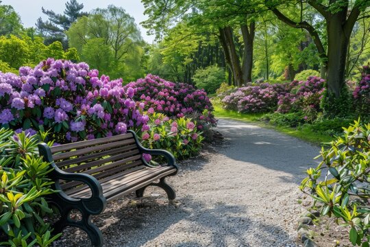 Garden with rhododendron bushes in full bloom, a winding path leading to a bench surrounded in the style of large shrubs of purple and pink flowers, a white gravel walkway Generative AI