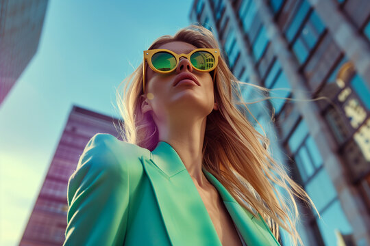 Woman model wearing a green suits and yellow sunglasses posing on the street in a low angle shot. Fashion shooting