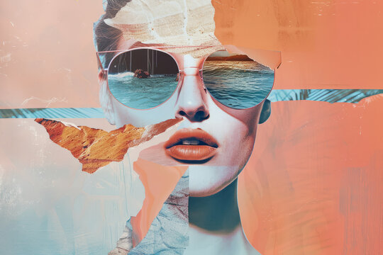 Portrait of a summer fashion woman. Abstract trendy art paper collage design