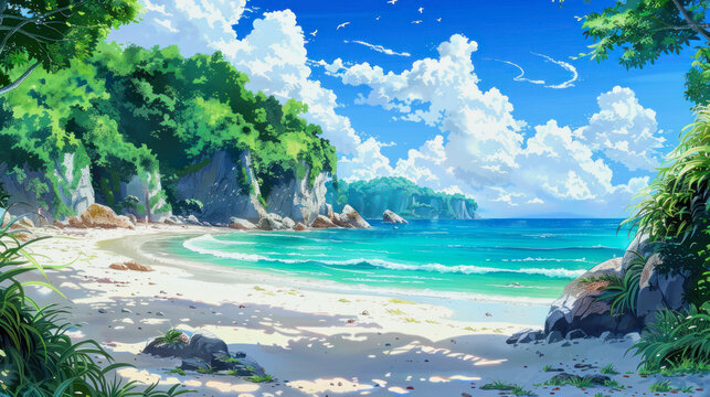 illustration of an anime beach scenery with rocks