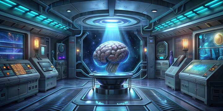 Floating brain with light beam in ship corridor - The image captures a floating brain emitting a beam of light within a futuristic spaceship corridor with advanced control panels