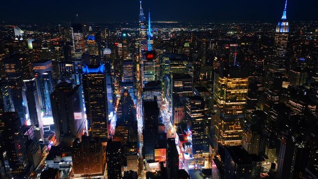 Perspective of New yorl scyscrapers street. Night New York city aerial view.