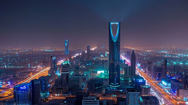 A night view of the Kingdom of Saudi Arabia showcases the Kingdom Tower and Riyadh's skyline, emphasizing the country's modernity