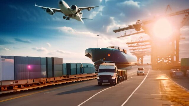Cargo Truck Passes Large Cargo Ship, Transportation and Shipping at Port, Logistics and transportation of goods by ship, airplane, truck, and container are showcased, AI Generated