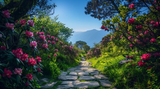 A serene view of a stone path leading through a blooming rhododendron forest, Nepal's national flower, under a clear blue sky.