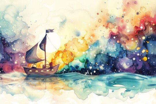 Sailboat Amidst a Dreamy Watercolor Universe - A whimsical sailboat journey through a colorful, starry watercolor seascape.
