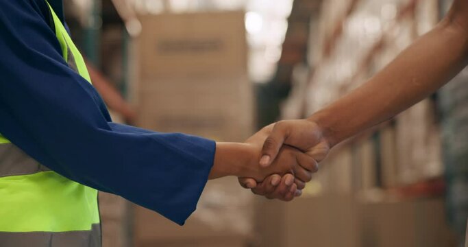 Distribution, warehouse and people with handshake for deal, onboarding or worldwide trade achievement. Logistics, agreement and b2b in factory for welcome, trust and shaking hands in global export.