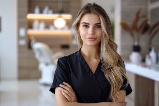 Portrait of beautiful woman in medical black uniform standing with arms crossed. Working as beauty therapist and skin care professional, modern spa salon on background.