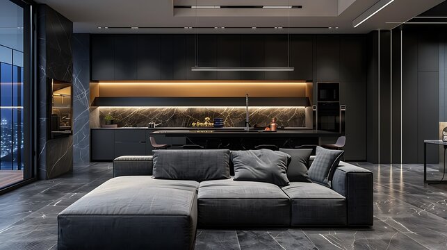 Modern grey minimalism interior living room with large gray modular sofa panoramic background night lighting view and dark marble kitchen island