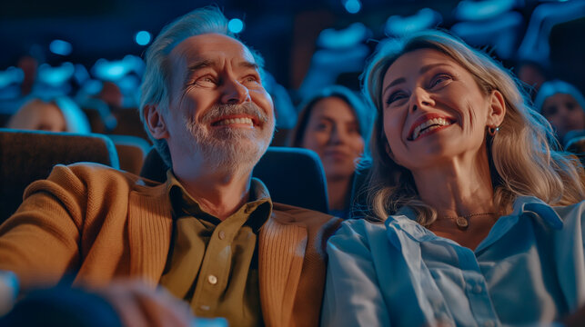 elderly man and woman watching a movie in a cinema laughing, rejoicing
