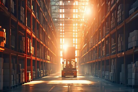 A forklift navigates through a crowded warehouse filled with neatly stacked boxes.