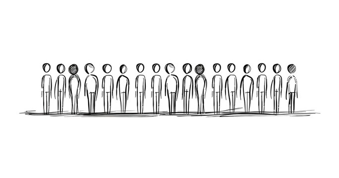 Simplified, sketched illustration of a row of abstract human figures, conveying concepts of unity, diversity, or social dynamics in minimalist style