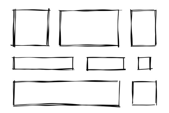 Rectangle frame line on transparent background. The rectangles are drawn by hand in doodle style. Vector illustration isolated