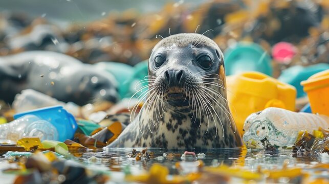 A seal swimming in polluted waters, suitable for environmental concepts