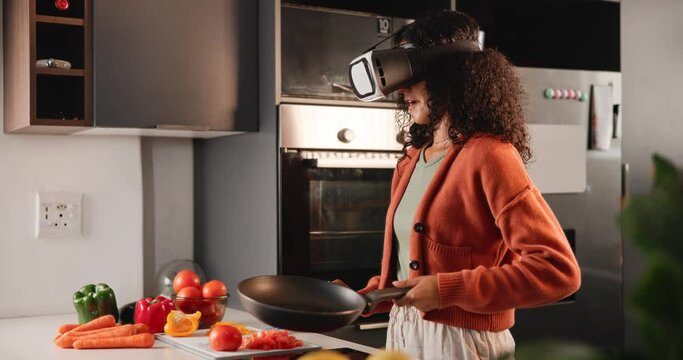 Girl, cooking and vegetables with VR in creative kitchen for healthy meal, nutrition or vitamin at home. Happy female person preparing food with pan in virtual reality, simulation or startup at house