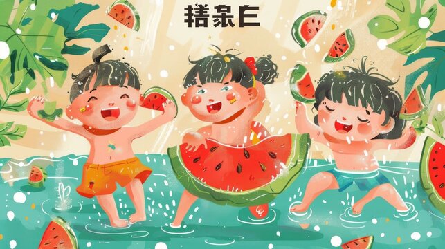 Watermelon pool poster drawn by hand. Illustration of kids enjoying watermelon juice pool. Chinese translation: Great Heat, 12th solar term.