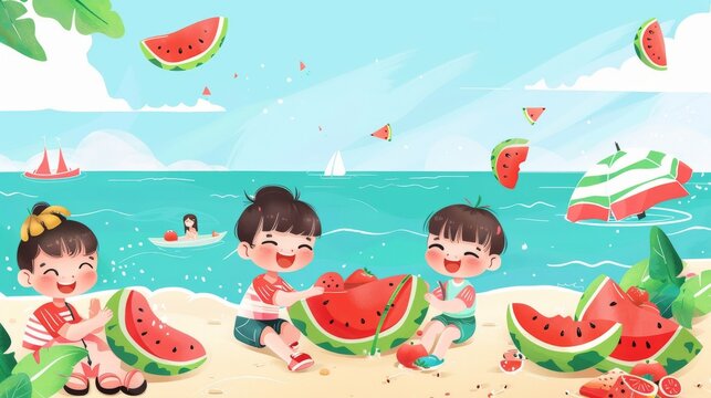 In this hand drawn banner, kids are having fun enjoying a summer fruit picnic at the seaside. Chinese translation: Great Heat, the 12th solar term.