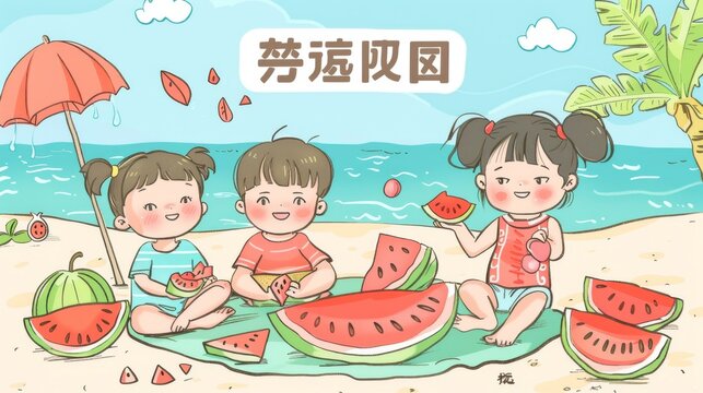 Watermelon picnic banner in hand drawn style. Illustration of children having fun on summer fruit picnic at the seaside. Chinese translation: Great Heat, 12th solar term.