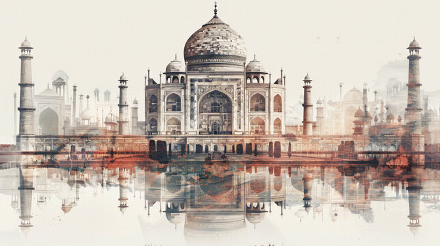 Taj Mahal in Agra, India. double exposure contemporary style minimalist artwork illustration