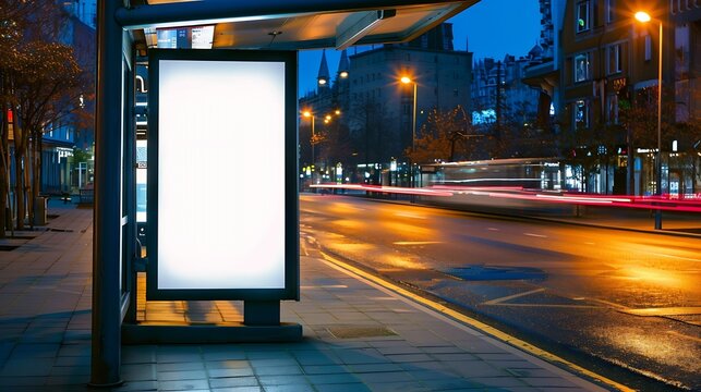 Vertical advertising poster mockup at empty bus stop shelter by main road Outofhome OOH 6 sheet billboard media display space in city : Generative AI