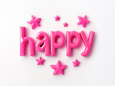 The word "Happy" in pink glossy 3D font, inflated 3D letters, positive message for happy events and new year