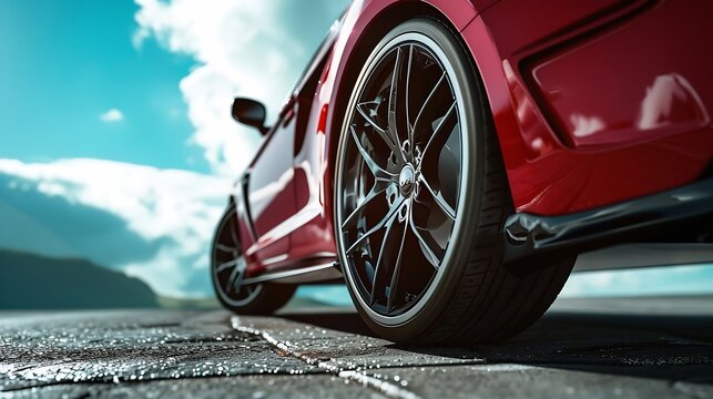 Car on sky background Car wheels close up on a background of asphalt Car tires Car wheel closeup for advertising : Generative AI
