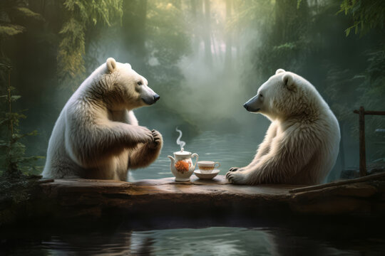 Two white polar bears drinking tea