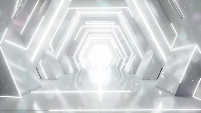 empty long light corridor modern white background. futuristic interior design concept. seamless looping overlay 4k virtual video animation background