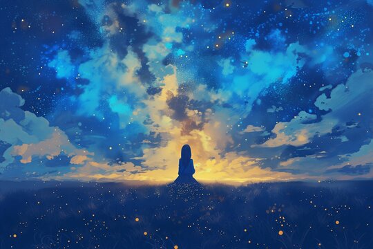 Anime girl sitting field sunset stars clouds illustration sky sun flowers