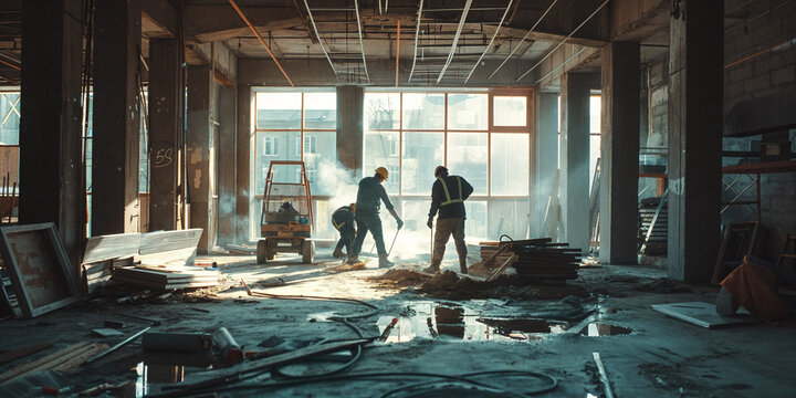 Group of construction workers buildings at a building site, laying concrete, measuring, silhouettes people person, exposed wood, interior, work in progress, dusty, working hard, indoor