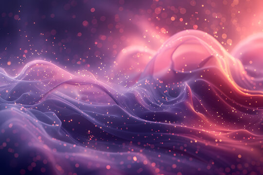 Abstract purple waves with sparkling particles and light effects. Digital art concept of cosmic energy and fluid motion. Design for music album cover, futuristic background, or meditation visual