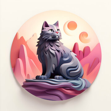  illustration of a cat sitting on a rock in a circle.