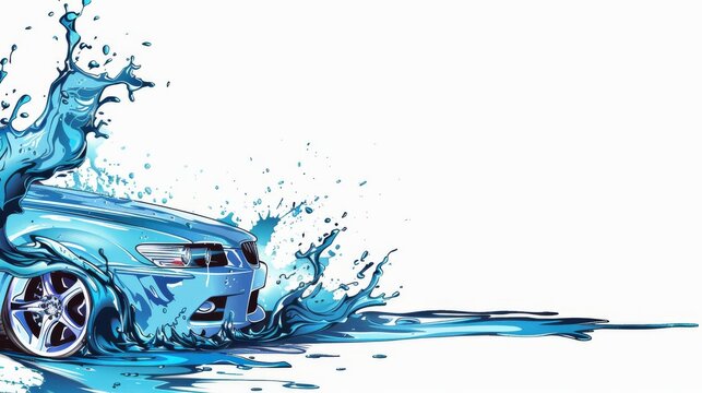 cartoon illustration of a blue car splashed with liquid and copy space for advertising banner poster design