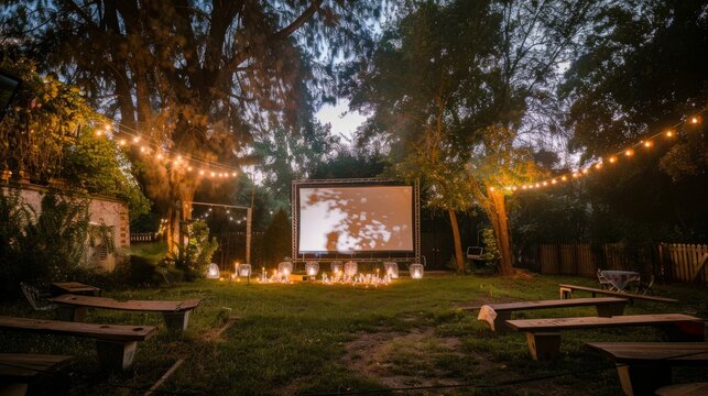 A movie screen set up in the middle of a yard for outdoor film screenings during nighttime