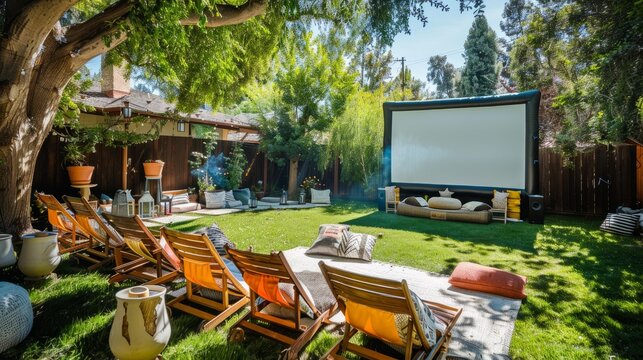 A backyard featuring lawn chairs set up facing a large movie screen, ready for outdoor movie nights
