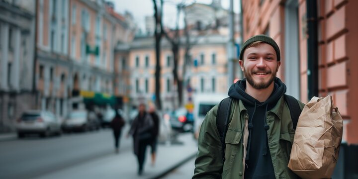 Guy 25 years old, European appearance, food delivery man, smiling, on the background of the city, type of shooting commercial photography