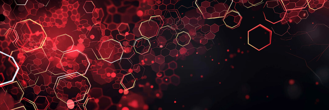 Red futuristic technology interface with hexagons and blurred bokeh