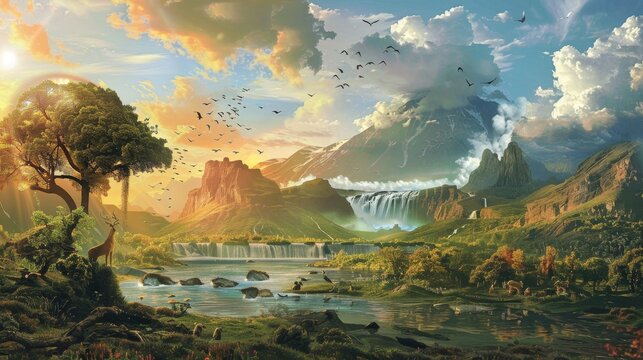 Beautiful visualization of the biblical creation story. illustrating gods majestic handiwork
