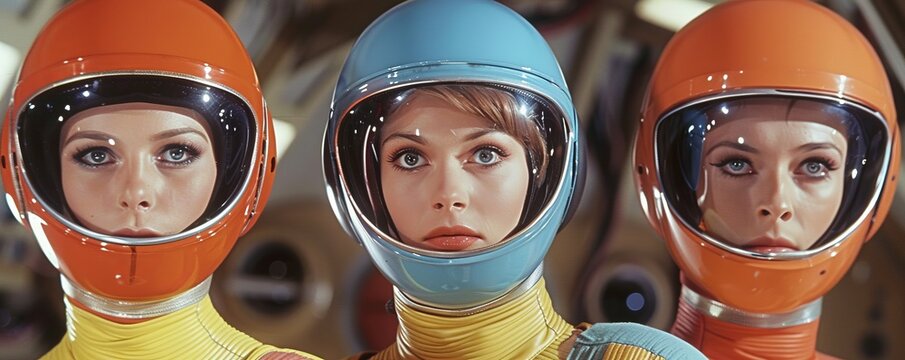 Group of three science fiction actors on set of a cheesy television show or movie in the 1970s. Colorful uniform with helmet and mask.