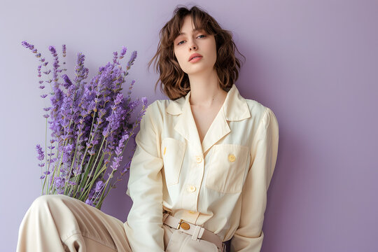 A fashion model presenting a casual chic ensemble, her natural elegance emphasized by the soft contours of the clothing, set against a pastel lavender background