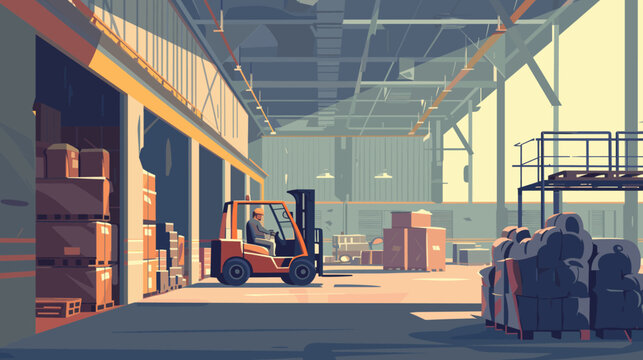 一个仓库内部的风格化插图，由一名戴着安全帽的工人操作，这表明工作环境中注重安全；