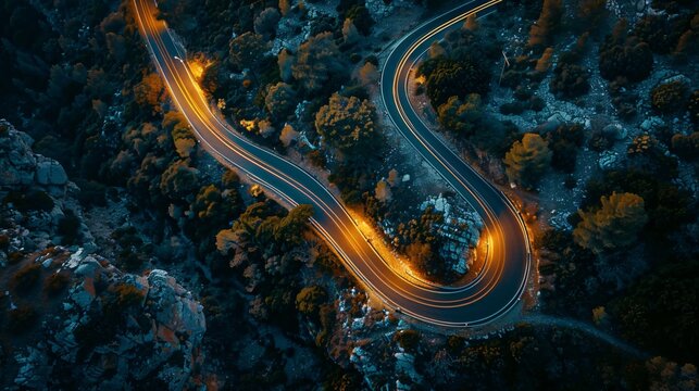 Drone view of a illuminated road through the mountains at night